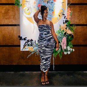 zara printed strapless tulle dress